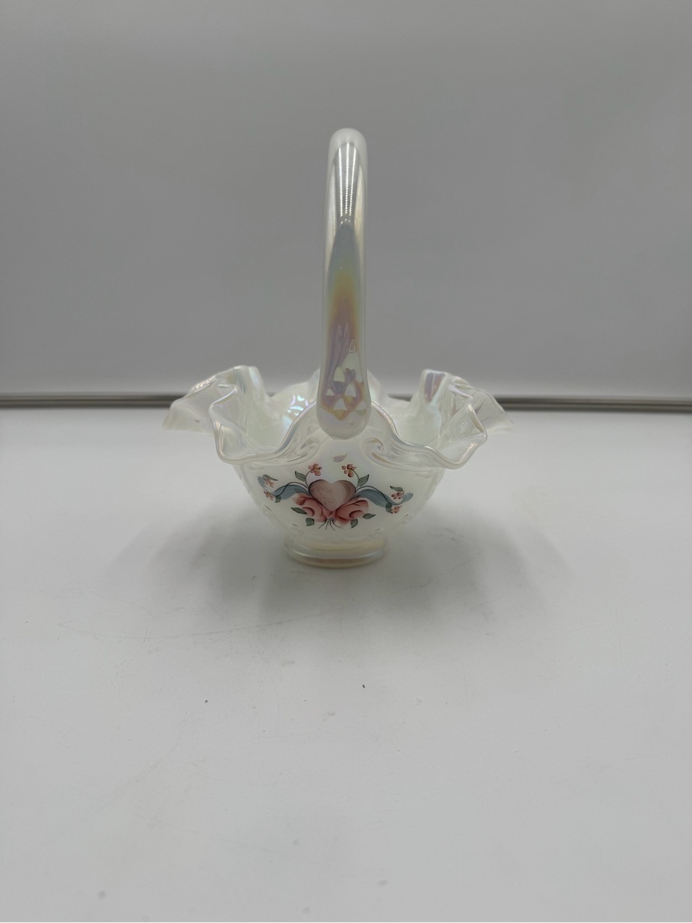 Vintage Fenton White Carnival Glass Basket Hand Painted Signed A Barbour